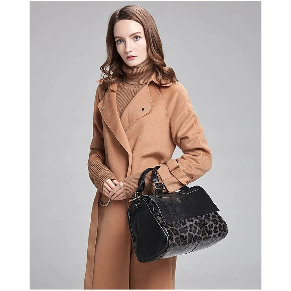 Leopard Luxe Designer Leather Boston Shoulder Bag
