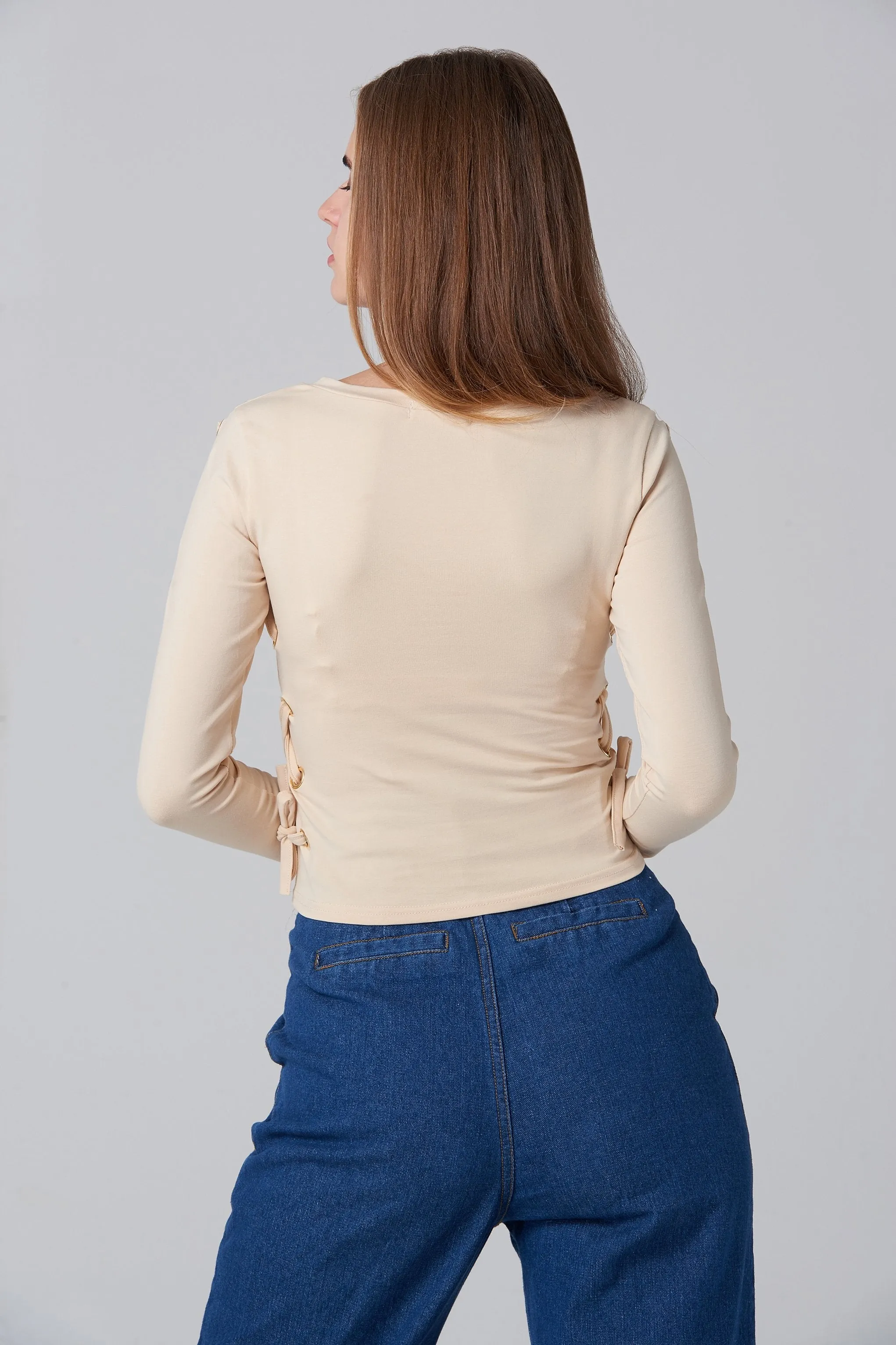 Nude Side Lace Long Sleeves Top